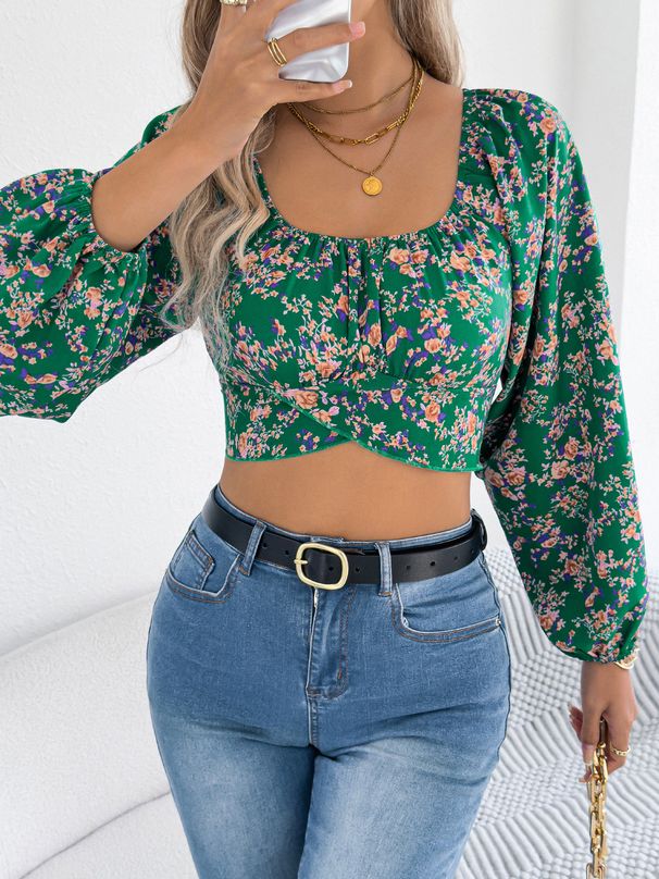 2026 Spring/Summer European And American Floral Lantern Sleeve Tie-Waist Chiffon Crop Top - Independent Cross-Border_ecoleips.com