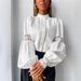 Women's Clothing Elegant Lace Trim Lantern Sleeve Blouse For Office & Casual Wear – Pure Cotton Blend, Breathable & Comfortable, White_ecoleips.com