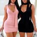 Pink Detachable Scarf Mini Dress Women's Sleeveless Sundress V-Neck Side Slit Stretchy Ribbed Knit Bodycon Casual Party Dress_ecoleips.com