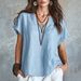 Women's Solid Color V Neck Shirt Casual Loose Short Sleeve Linen Top Spring Summer European American_ecoleips.com