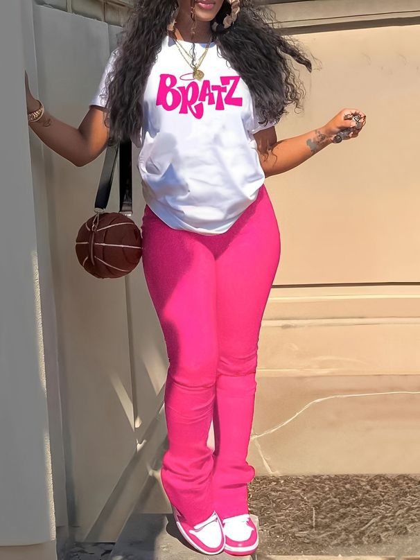 Women's Clothing Fashion Letter Printed T Shirt Trousers Casual Suit_ecoleips.com