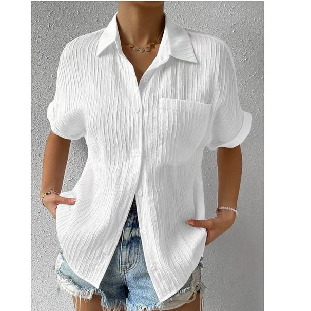 Cardigan Splicing Pocket Short Sleeve Solid Color Temperament Casual Lapel Shirt Short Sleeve Women's Clothing_ecoleips.com