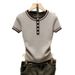 Contrast Stripe Knit Top - Slim-Fit Grey Ribbed Short Sleeve Shirt For Women, Minimalist Japanese Style Casual Wear_ecoleips.com