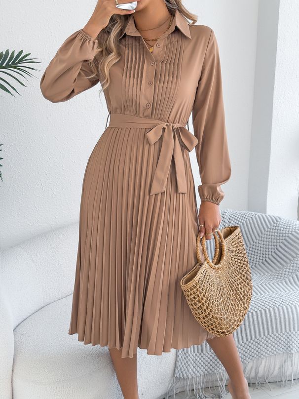2026 Spring/Summer European And American Elegant Solid Color Collared Long Sleeve Waist-Cinching Pleated Dress_ecoleips.com