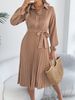 2026 Spring/Summer European And American Elegant Solid Color Collared Long Sleeve Waist-Cinching Pleated Dress_ecoleips.com