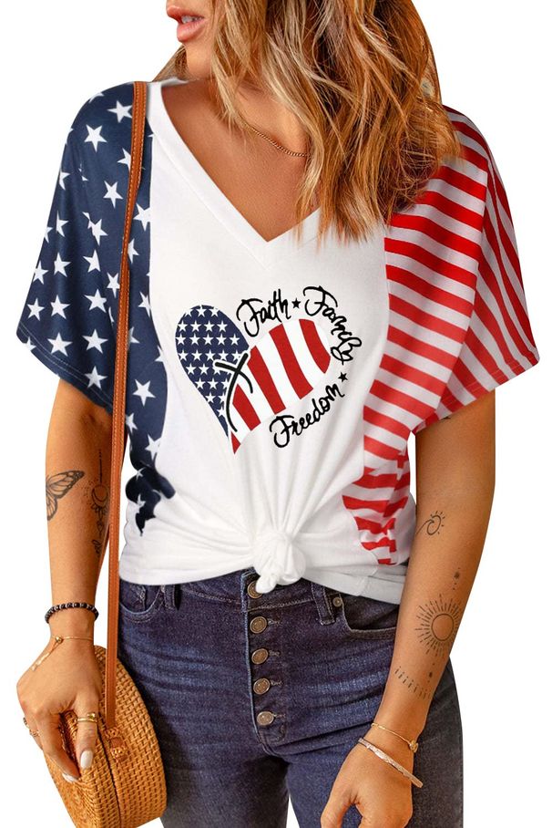 Patriotic Shirts For Women American Flag Shirt Faith Family Freedom Graphic Tee USA Star Stripes Tops_ecoleips.com