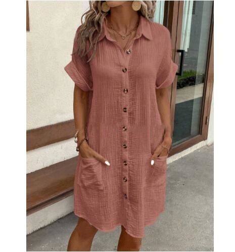 Summer V Neck Button up Cotton Linen Dress for Women Simple Shirt Dress Beach Style Bohemian Casual Suitable for Ages 16-45_ecoleips.com
