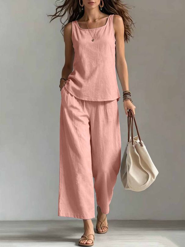 Women's Cotton Linen Vacation Vest And Pants Set Multiple Colors Sizes American Style In Stock_ecoleips.com