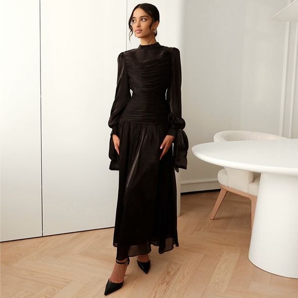 Women's European American Style High Neck Slimming Long Dress Lantern Sleeve A-Line Skirt Sweet Fresh Style for Autumn_ecoleips.com