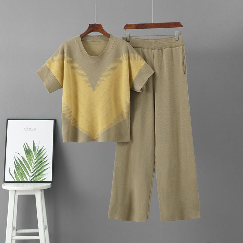 Women's Summer Knitted Set round Neck Short Sleeve Jacquard Top Wide Leg Pants Two Piece Fashion Casual European American Style_ecoleips.com
