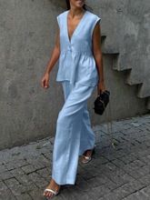 Women's Clothing Cotton V Neck Sleeveless Top Vest Trousers Suit Pure Color Temperament Commuter Two Piece Suit_ecoleips.com
