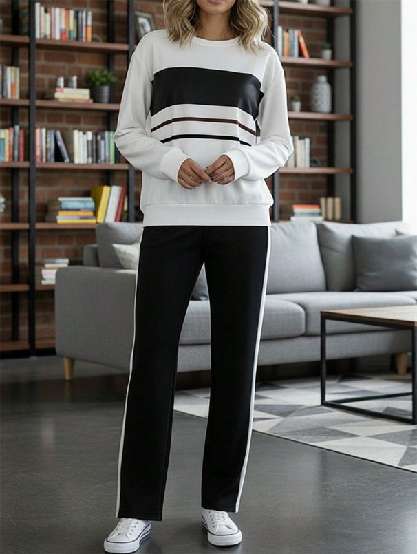 Women's Casual Style Fashionable Commuter Suit Spring/Autumn Outfit Comfortable Loose Fit Color Blocked Long Sleeve Set_ecoleips.com