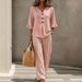 Women's Casual Two-Piece Set: V-Neck Button-Down Blouse With Flutter Sleeves & Elastic Waist Trousers_ecoleips.com