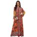 Women's Long Sleeve V-Neck Jalabiya Dress – Flowy Maxi Dress With Ethnic Print (Polyester, S-Xxl, Multi-Color)_ecoleips.com