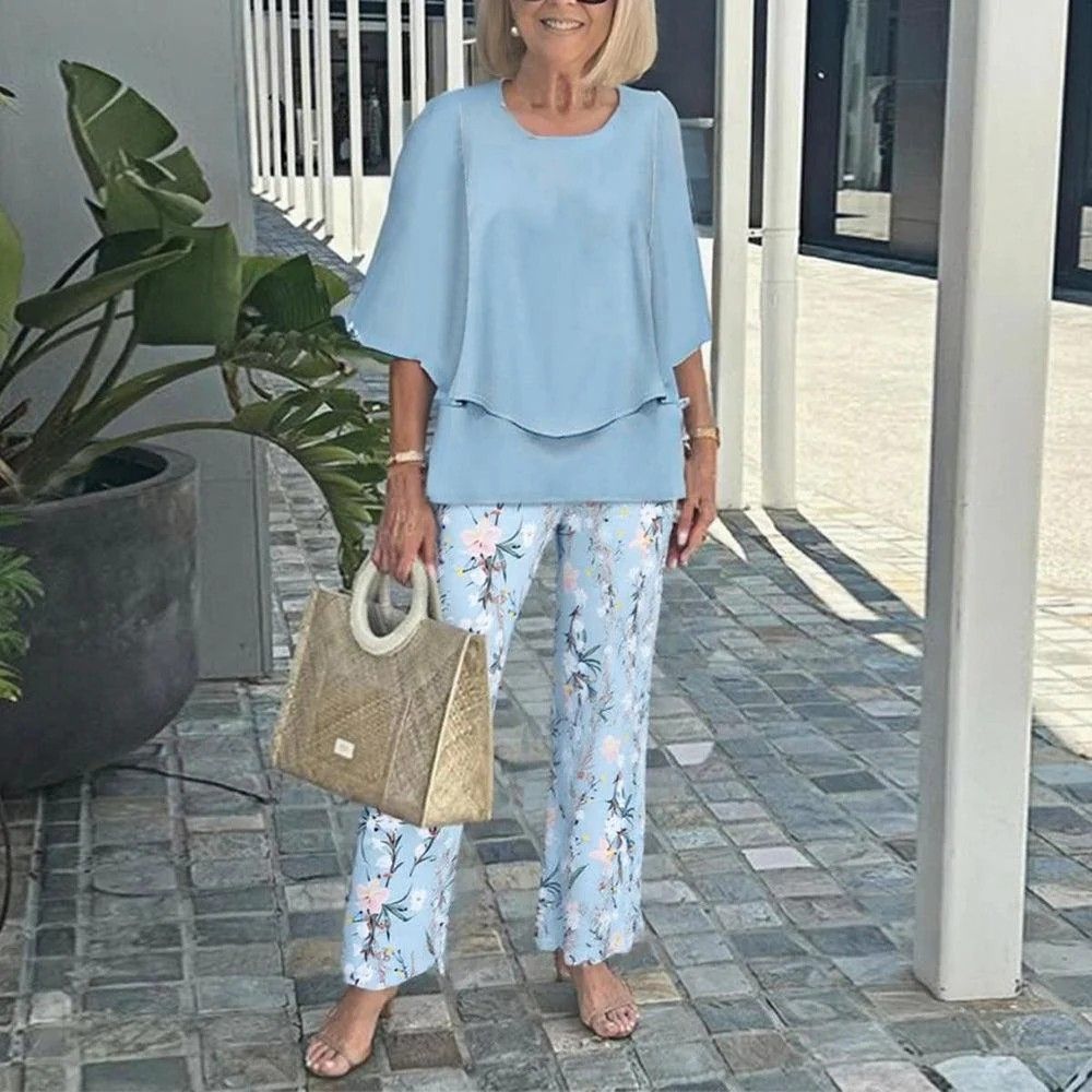 Women's Casual Crew Neck Mid Sleeve Two Piece Set Floral Print_ecoleips.com