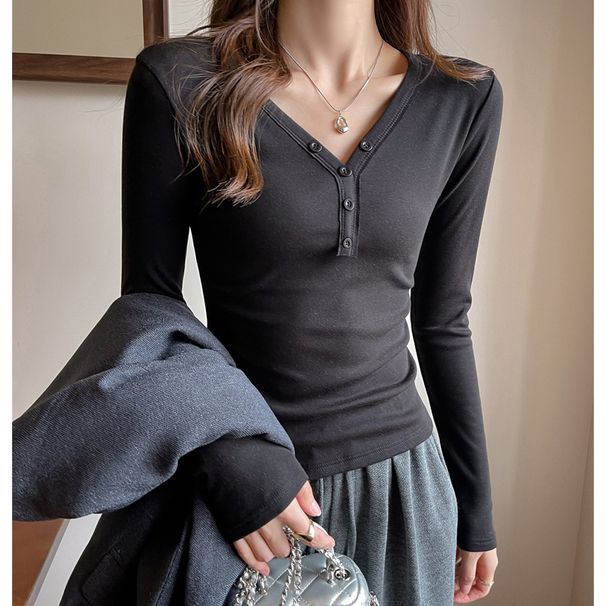 Premium Lyocell Tencel Women's Base Layer Top Korean Style V Neck Button down Long Sleeve Brushed Design for Autumn Winter Inner Wear_ecoleips.com