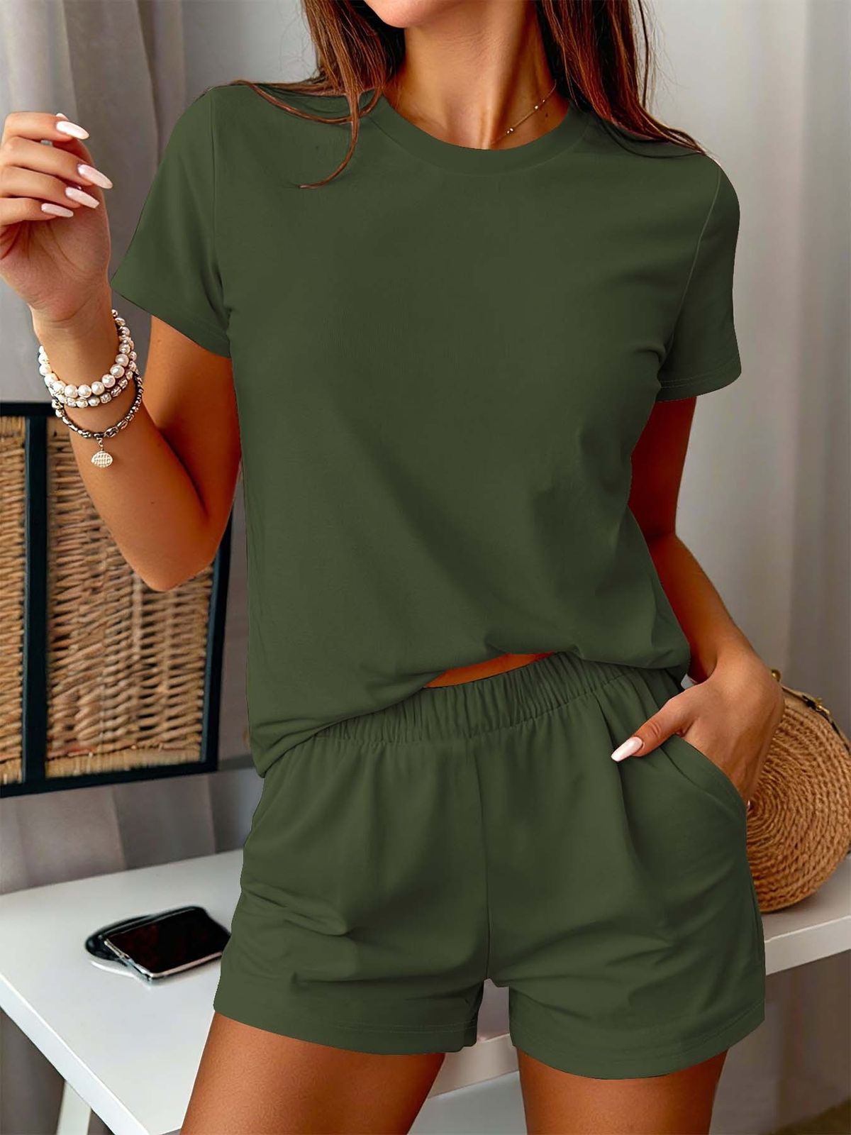 Women's Homewear Round Neck Pajamas Set Casual Short Sleeve Top With Shorts_ecoleips.com