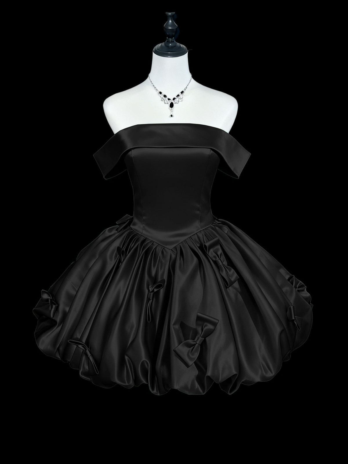 Blue off the Shoulder Satin Dress Puffy Short Princess Style for Women Suitable for Birthday Parties And Coming of Age Ceremonies_ecoleips.com