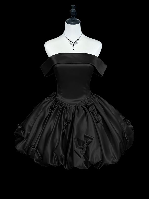 Blue off the Shoulder Satin Dress Puffy Short Princess Style for Women Suitable for Birthday Parties And Coming of Age Ceremonies_ecoleips.com