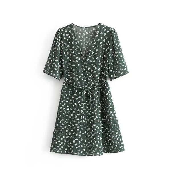 YPFF New European And American Style Niche Short-Sleeve For Women, Vintage Vacation Style, Waist-Cinching, Tie-Waist_ecoleips.com