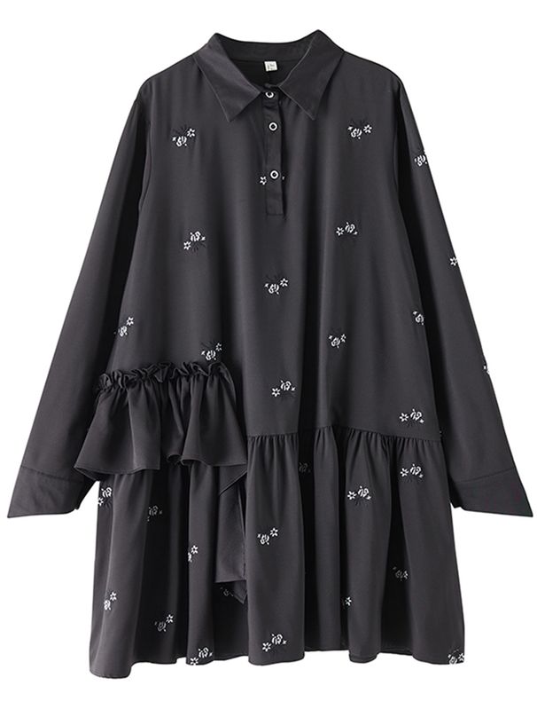 2026 Spring Summer New Black Vintage Oversized Dresses For Woman Ruffle Long Sleeve Loose Casual Midi Dress Elegant Clothing_ecoleips.com