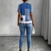 Women's Summer Two Piece Set Faux Denim Print Patchwork round Neck Short Sleeve Tie Dye Top Slim Fit Skinny Pants_ecoleips.com
