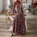 Women's Bohemian Style Long Skirt Dress V Neck Trumpet Sleeve Printed High Waist Floral Vacation Gown_ecoleips.com