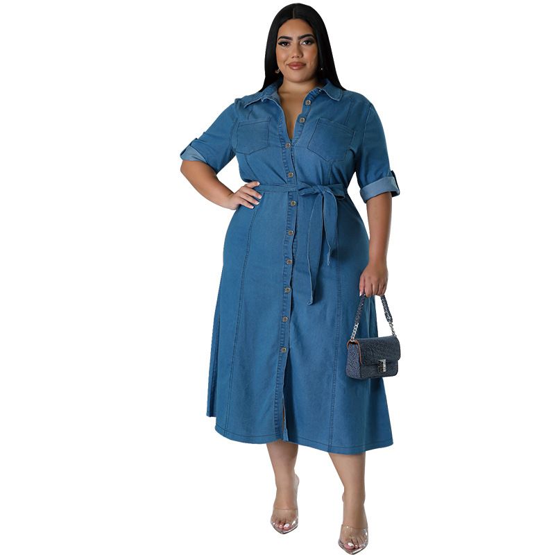 Women's Clothing Denim Lapel Long Sleeved Tie Down Mid Length Dress_ecoleips.com
