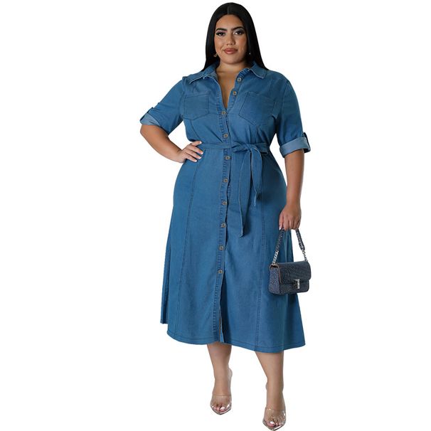 Women's Clothing Denim Lapel Long Sleeved Tie Down Mid Length Dress_ecoleips.com
