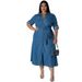 Women's Clothing Denim Lapel Long Sleeved Tie Down Mid Length Dress_ecoleips.com