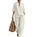 Spring Summer Women's Casual V Neck Pants Suit Loose Fitting Mid Sleeve Fashionable New Arrival_ecoleips.com