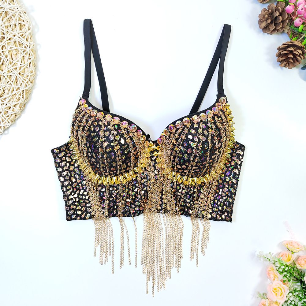 Women's Clothing Rock Style Sequined Tassel Suspenders With Underwire Corset Short Sexy Hot Girl Nightclub Tube Top Stage Vest_ecoleips.com