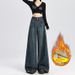 Dark Blue Wide-leg Jeans Women, Fleece-lined, New Winter 2025 Model, High-waisted, Suitable For Pear-shaped Body, Loose_ecoleips.com