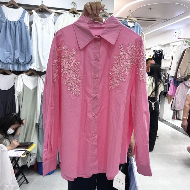Women's European Style Long Sleeved Shirt Heavy Embroidered Beaded Turn down Collar Trendy Versatile Top for Spring Autumn_ecoleips.com