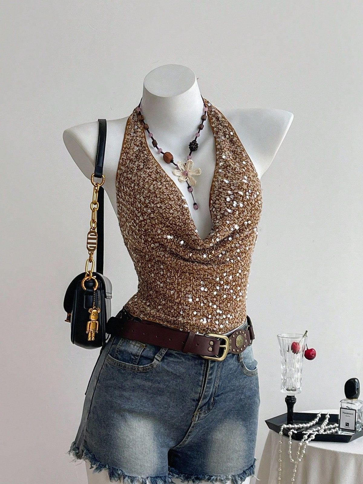 In-stock Cross-border Women's Clothing, New European And American Style, Sexy Sequin Halter Neck Tank Top, Pure Desire_ecoleips.com