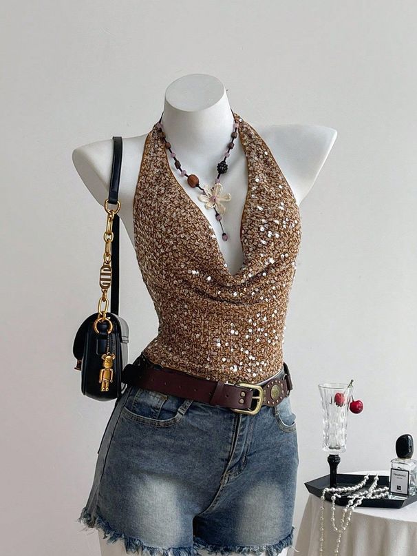 In-stock Cross-border Women's Clothing, New European And American Style, Sexy Sequin Halter Neck Tank Top, Pure Desire_ecoleips.com