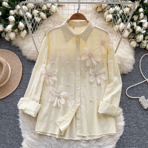 Cross-border European American Striped Long-sleeve Shirt For Women, Summer, With Three-dimensional Floral Embellishments_ecoleips.com