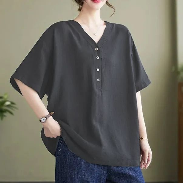Flesh-Covering Half-Button Design For Women, Artistic Vintage Loose Casual Commuter Temperament Short-Sleeve V-Neck Top_ecoleips.com