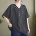 Flesh-Covering Half-Button Design For Women, Artistic Vintage Loose Casual Commuter Temperament Short-Sleeve V-Neck Top_ecoleips.com