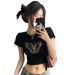Women's American Retro Black Off-Shoulder Short Sleeve T-Shirt French Style Cinched Waist Top Sweet And Spicy Summer Dopamine Inducing Outfit_ecoleips.com