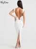 Hugcitar Elegant Solid Straps Sleeveless Backless Metal Loop Draped Slit Maxi Dress Summer Women Clothes Evening Party Vacation_ecoleips.com
