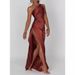 Women's Clothing Design Temperament Sexy Slim Shoulder Slit Satin Dress _ecoleips.com