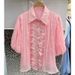 Women's Clothing Elegant Style Women's Blouse Lace Trimmed Ruffled Pearlescent Tulle Graceful Shirt Top For Formal & Casual_ecoleips.com