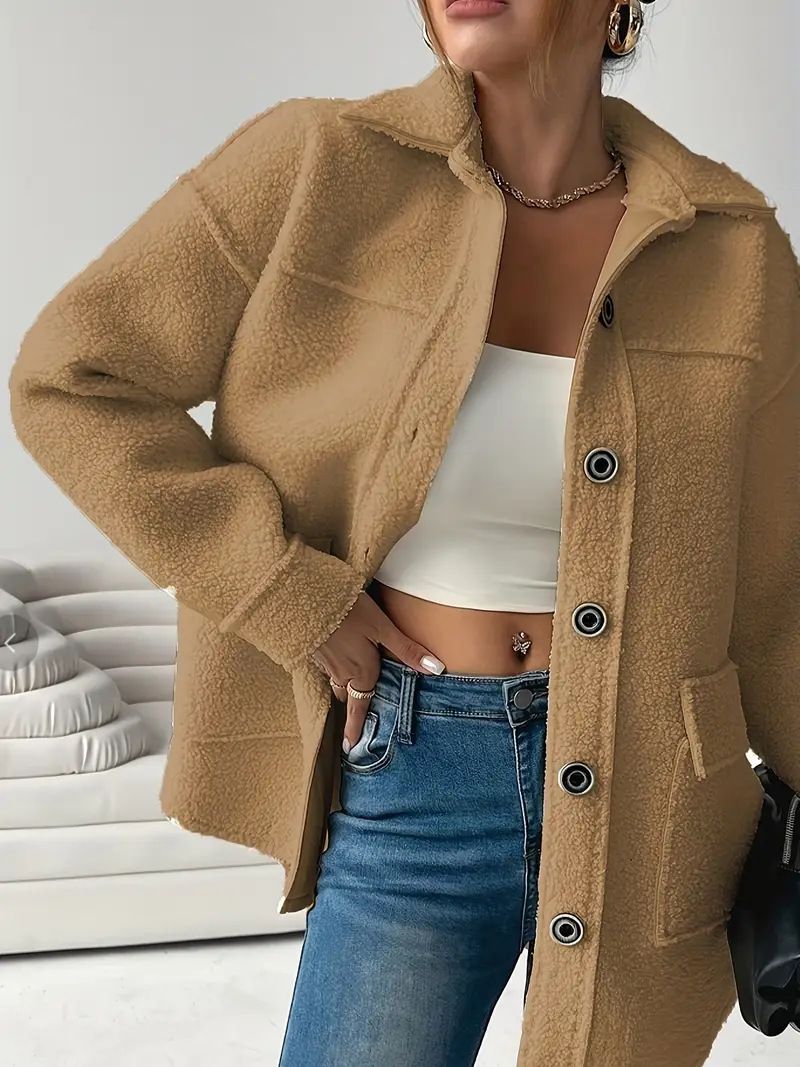 Women's Clothing Thick Faux Fur Jacket With Concealed Buttons & Pockets, Casual Elegant Long Sleeve Coat For Autumn Winter Warmth_ecoleips.com