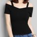 Women's Black Off-Shoulder T-Shirt Korean Style Summer 2026 Short Sleeve Sexy Trendy Top_ecoleips.com