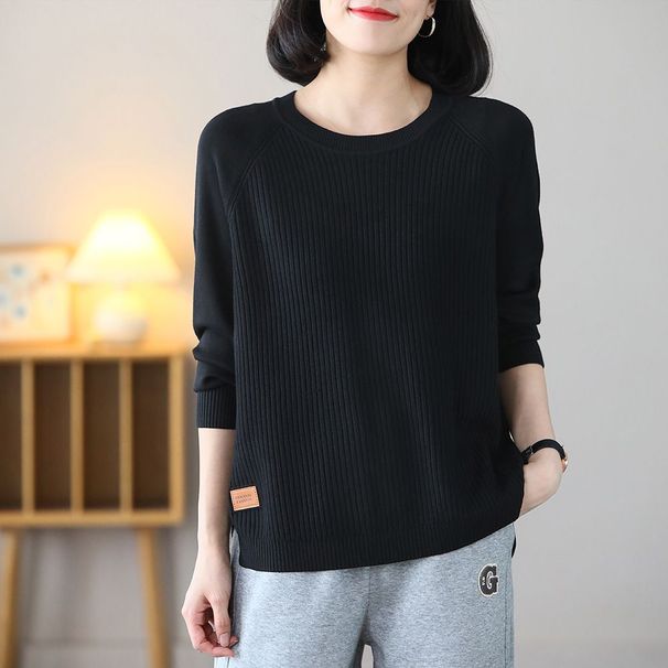 Plus Size Artistic Round Neck Pullover Sweater For Women, Autumn Winter Knitted Top, Loose Fit, Belly Covering Base_ecoleips.com