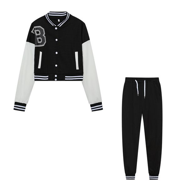 Women's Color Blocked Jacket Single Breasted Letter Print Baseball Tracksuit Two Piece Set_ecoleips.com