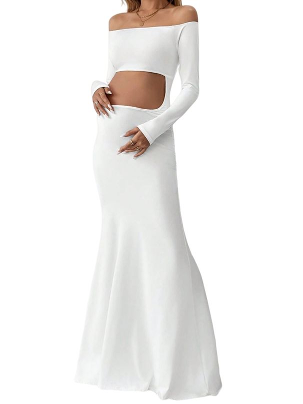 Women's Clothing One Shoulder Floor Length Sexy Slim Fashion Solid Color Long Sleeved Belly Revealing Maternity Dress_ecoleips.com