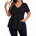 2026 Spring/Summer New Solid Color Plus Size Women's Top V-Neck Ribbed Short Sleeve Slit Pullover_ecoleips.com