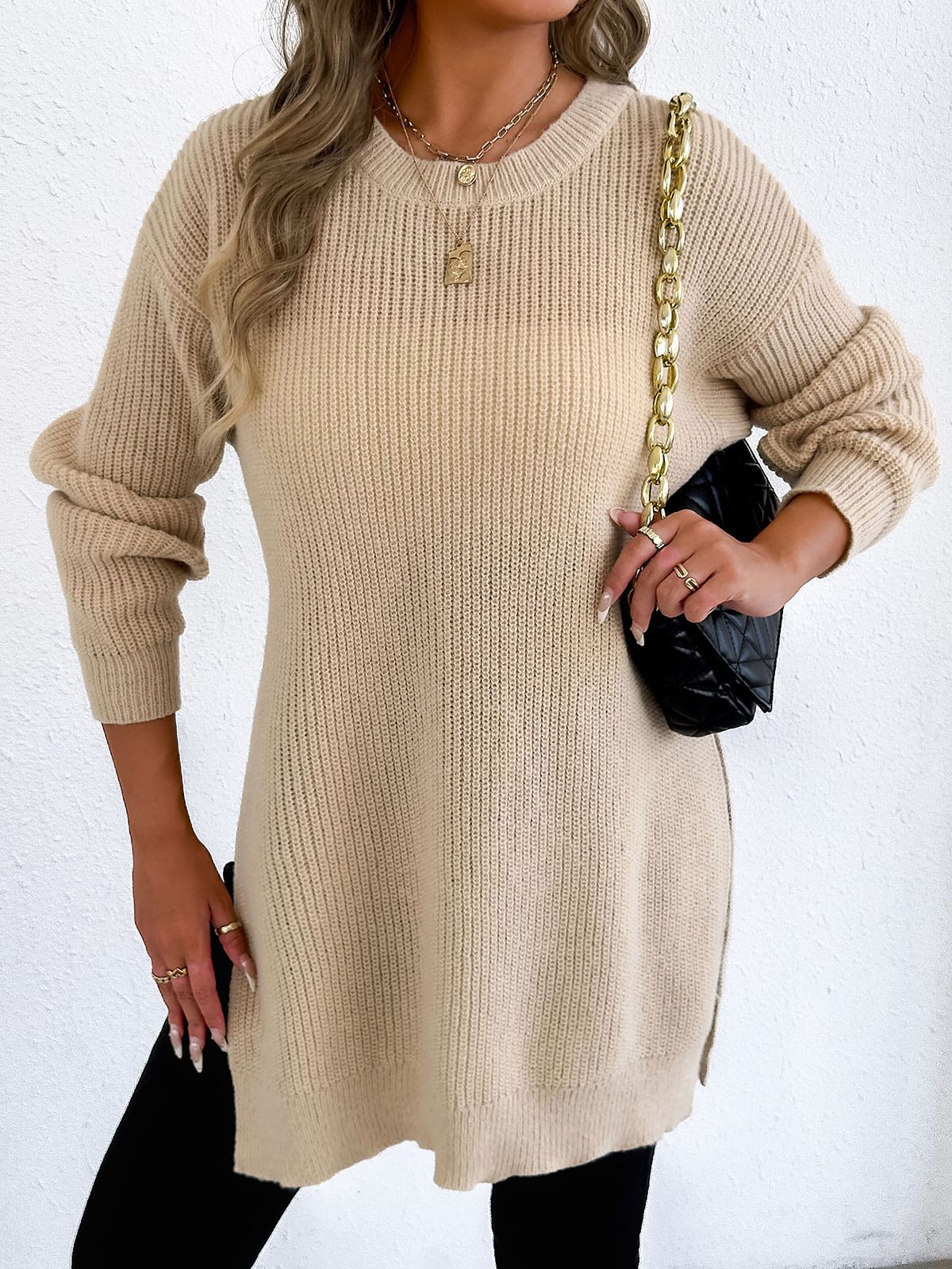 Women's Clothing Autumn Winter Knitted Sweater Casual Split Hem Long Sleeve Pullover Top_ecoleips.com